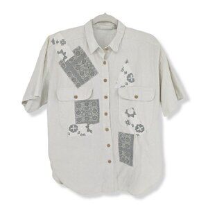 Red Rover Button Up Shirt Linen Cotton Blend Bandana Floral Patches Large L